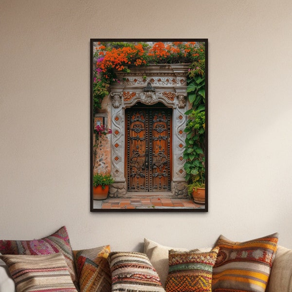 Mexican Wall Art, Colorful Mexican Door Painting Canvas Print, Traditional Hacienda Architecture Wall Decor Ready To Hang