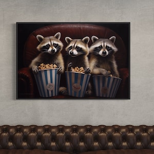 Movie Room Decor - Raccoons In Movie Theater Eating Popcorn Painting Canvas Print, Home Theater Decor Man Cave Wall Art Framed Ready To Hang