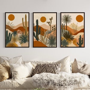 3 Piece Wall Art Mid Century Modern Desert Cactus Sun Painting Canvas Print, Minimalist Boho Wall Art Earth Tones Decor Ready To Hang