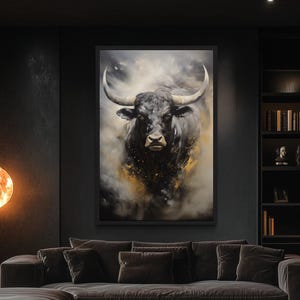 Black Bull Wall Art, Ox Abstract Painting Extra Large Canvas PRINT, Framed Or Unframed Ready To Hang