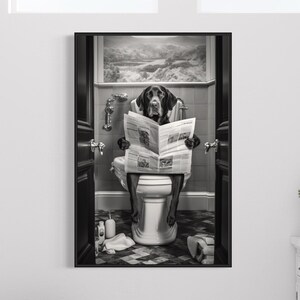 Labrador Retriever Dog on the Toilet Reading Newspaper, Funny Bathroom ...