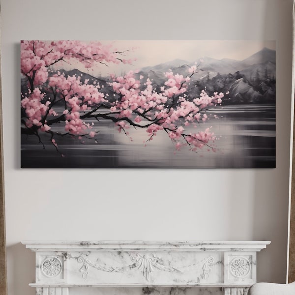 Pink Cherry Blossom on Black Abstract Landscape Painting Canvas Print, Japanese Sakura Wall Art, Pink Accent Decor Ready To Hang