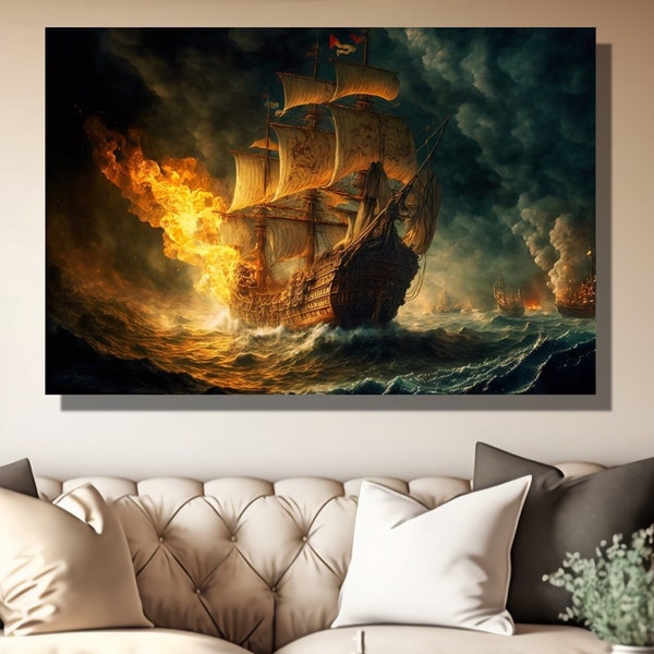 Nautical Wall Art Pirate Ship Battle In Ocean Storm Wall Art, Renaissance Style Painting Large Canvas Print Ready To Hang