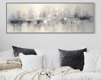 Over Bed Wall Art, Minimalist Abstract Silver Gray Panoramic Painting Long Horizontal Canvas Print, Over Couch Living Room Art Ready To Hang