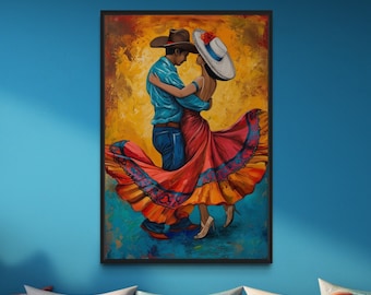 Mexikanische Wandkunst – Mann und Frau tanzen traditionelle lateinamerikanische Tänze, Gemälde auf Leinwand, mexikanische Wanddekoration, gerahmt, ungerahmt, fertig zum Aufhängen