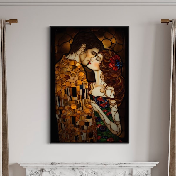 Romantic Wall Art - Couple Kissing Painting Canvas Print, Stained Glass Style Art, Gustav Klimt Inspired Bedroom Wall Decor Ready To Hang