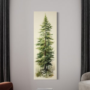 Tall Narrow Pine Tree Painting Canvas Print, Long Vertical Watercolor Fir Tree Wall Art Tall Artwork Ready To Hang