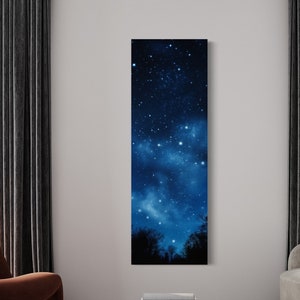 Tall Narrow Vertical Wall Art Milky Way Stars in Night Sky Painting Canvas Print, Slim Navy Blue Artwork Ready To Hang