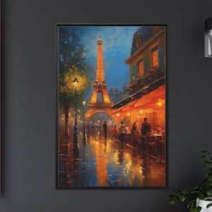 Eiffel Tower And Paris Street Cafe Oil Painting Poster Or Canvas Print -  Office, Living Room Decor Framed Unframed Ready To Hang