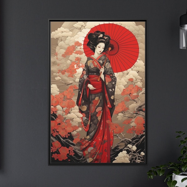 Ukiyo-e stijl Geisha met rode paraplu kunst aan de muur - Japanse stijl schilderij poster of cavas print, ingelijst ingelijst klaar om op te hangen