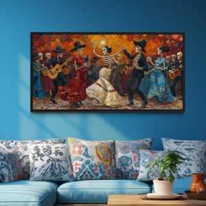 Mexican Wall Art - Day of The Dead - Dia De Los Muertos Celebration Traditional Painting Canvas Print Framed Ready To Hang