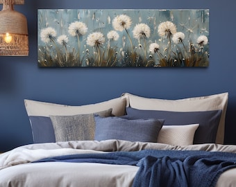 Farmhouse Wall Art Dandelions Painting On Distressed Wood Canvas, Horizontal Panoramic Dandelions Art, Above Bed Decor Framed Ready To Hang