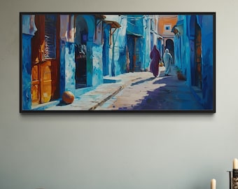 Morocco Wall Art Chefchauen Blue Street Painting Canvas Print, Exotic City Travel Wall Decor Framed, Ready To Hang
