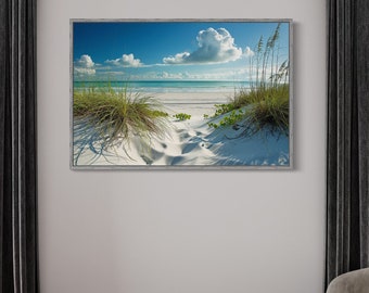 Beach Wall Art, Sand Dunes And Grass On The Beach, Peaceful Coastal Sea Painting Canvas Print Framed Ready To Hang