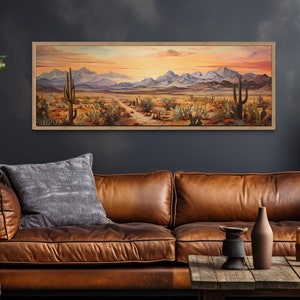 Desert Landscape Oil Painting With Cactus Printed On Canvas - Panoramic Arizona Sonoran Desert Wall Art- With or Without Frame Ready To Hang