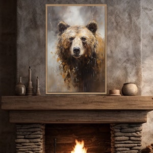 Grizzly Bear Portrait Painting Canvas Print, Neutral Beige Gray Bear Wall Art, Cabin Lodge Wall Decor, Framed Unframed Ready to Hang