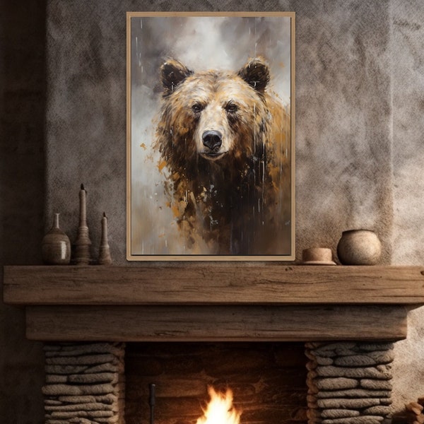 Impresión de lienzo de pintura de retrato de oso grizzly, arte de pared de oso gris beige neutro, decoración de pared de cabaña lodge, enmarcado sin enmarcar listo para colgar