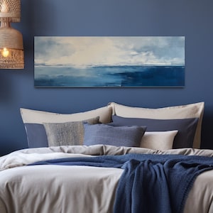 Wandkunst über dem Bett, minimalistischer Ozean-Marineblau-Grau-Panorama-Abstraktes Küstengemälde, langer horizontaler Leinwanddruck, fertig zum Aufhängen