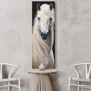 Tall Vertical White Horse Wall Art, Narrow Horse Artwork Ready To Hang - Modern Rustic Home Decor Ready To Hang