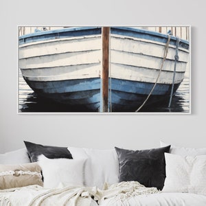 Blue White Rustic Boat Painting Canvas Print, Beach House Wall Art, Nautical Wall Decor, Extra Large Wall Art, Framed Ready To Hang