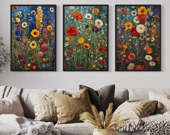 Conjunto de arte de pared de primavera de 3 coloridos lienzos de flores silvestres inspirados en la pintura floral de Gustav Klimt Sala de estar vibrante Decoración boho lista para colgar