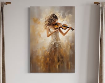 Geigenspieler Malerei Leinwanddruck, Frau mit Geige Gold Farbe Wandkunst, Musik Raum Dekor, Geschenk für Musiker Rahmen fertig zum Aufhängen
