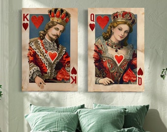 Romantic Wall Art Set of 2 King And Queen Of Hearts Cards Retro Painting Canvas Print, Couples Bedroom Wall Decor Framed Ready To Hang