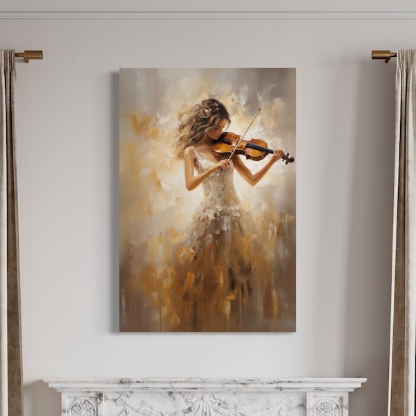 Violin Player Painting Canvas Print, Woman With Violin Gold Color Wall Art, Music Room Decor, Gift For Musicians Framed Ready To Hang