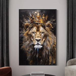 Lion King With Crown Wall Art, Lion Black Gold Abstract Painting Extra Large Canvas Print, Game Room, Man Cave Wall Decor Ready To Hang