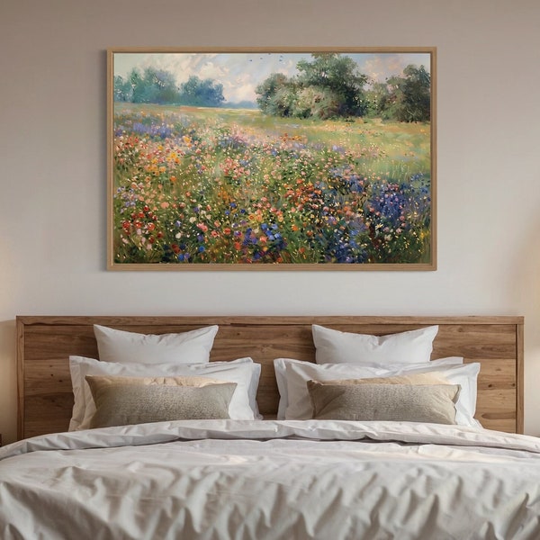 Farmhouse Wall Art Retro Wildflowers Meadow Painting Canvas Print, Boho Living Room Wall Decor, Bedroom Wall Art Framed Ready To Hang