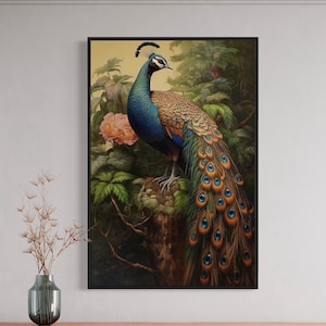 Peacock Painting Printed On Canvas - Chinese Exotic Wall Art Canvas Print - Vertical Framed Or Unframed Ready To Hang
