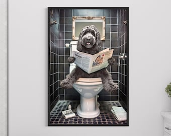 Black Goldendoodle Dog On The Toilet Reading Newspaper, Funny Bathroom Art, Toilet Humor Animal Canvas Print Framed Unframed Ready To Hang