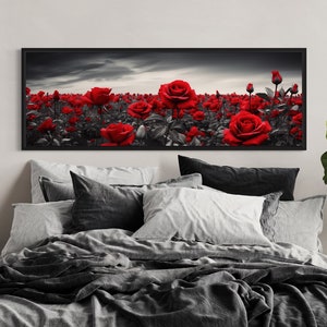 Red Black White Panoramic Roses Wall Art - Over Bed Or Couch Living Room Long Horizontal Roses Photo Style Painting Canvas Ready To Hang