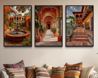 Set Of Three Mexican Wall Art, Mexican Hacienda Painting Canvas Print, Colorful Colonial Architecture Wall Decor Ready To Hang