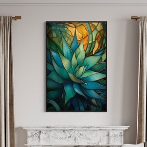 Agave Plant Wall Art, Stained Glass Style Agave Deserti Painting Canvas Print, Southwestern Artwork Ready To Hang