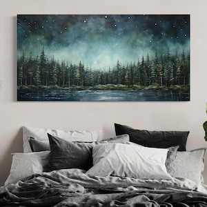 Abstract Night Sky Over Sage Green Fir Forest And Lake Painting Canvas PRINT, Living Room Wall Art, Nature Wall Decor Ready To Hang