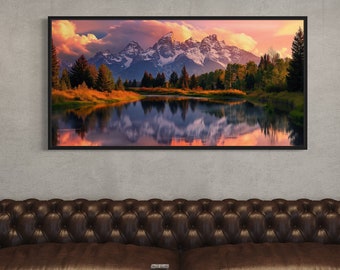 Grand Teton National Park Wall Art, Office Wall Art Wyoming Rocky Mountains Landscape Painting Canvas Print Framed, Ready To Hang