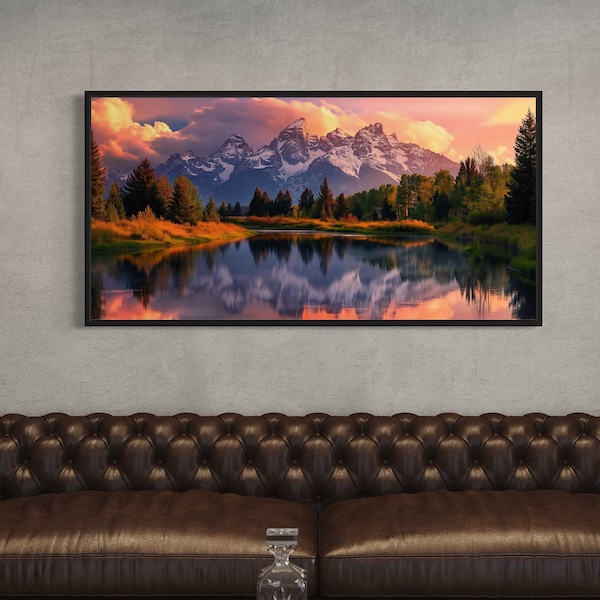 Grand Teton National Park Wall Art, Office Wall Art Wyoming Rocky Mountains Landscape Painting Canvas Print Framed, Ready To Hang