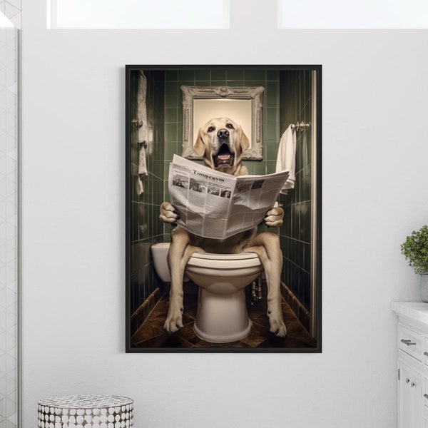 White Labrador Retriever Dog On The Toilet Reading Newspaper, Funny Bathroom Art, Toilet Humor, Canvas Framed Unframed Ready To Hang