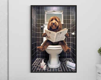 Red/Brown Goldendoodle Dog On The Toilet Reading Newspaper, Funny Bathroom Art, Toilet Humor Animal Canvas Print Framed Ready To Hang