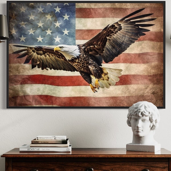 Bald Eagle And American Flag Canvas Patriotic Painting Print - 4th of July Wall Art Framed Or Unframed Ready To Hang