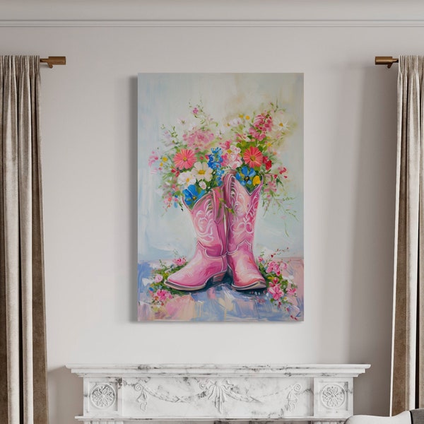 Botas de vaquera rosa arte de la pared, botas florales pintura de acuarela impresión de lienzo, decoración de la pared preppy de la hermandad de mujeres occidental de la habitación de las niñas lista para colgar