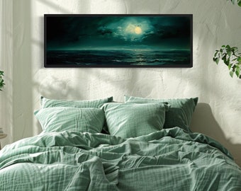 Smaragdgroen oceaanzeegezicht met maan boven bed Extra grote muurkunst, minimalistisch schilderij Lange horizontale canvasprint ingelijst klaar om op te hangen