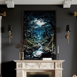 Gothic Wall Art Dark Forest And Moon, Enchanted Forest Painting - Poster Or Canvas PRINT, Dark Academia Art, Framed Ready To Hang