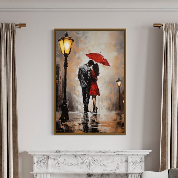 Romantic Wall Art - Couple In Love In The Rain Under Umbrella Impressionist Painting Canvas Print -  Bedroom Decor Framed Ready To Hang