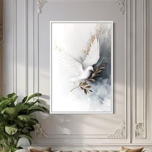 Christian Wall Art, Holy Spirit White Dove With Olive Branch Painting Canvas Print, Framed Ready To Hang