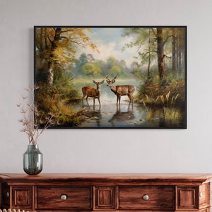 Doe And Buck In The Forest Painting Canvas Print, Deer Couple Retro Whimsical Lodge Decor, Cabin Wall Art, Framed Unframed Ready To Hang