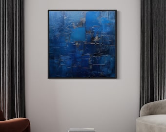 Marineblaue Wandkunst, abstrakter blauer geometrischer quadratischer Gemälde-Leinwanddruck, moderne Wohnzimmer-Wanddekoration, gerahmt, fertig zum Aufhängen