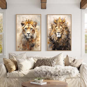 Lion And Lioness Wall Art, Set of 2  King Queen With Crowns Gold Beige Painting Canvas Print Romantic Couples Wall Art Framed Ready To Hang
