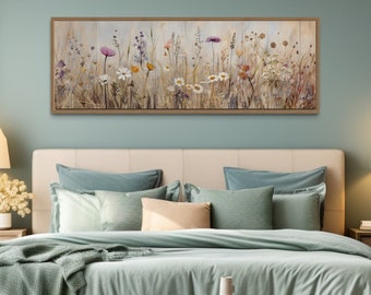 Boho Wall Art, Farmhouse Style Wildflowers Field Oil Painting Canvas Print - Retro Panoramic Art, Pretty Flowers Painting, Bedroom Art